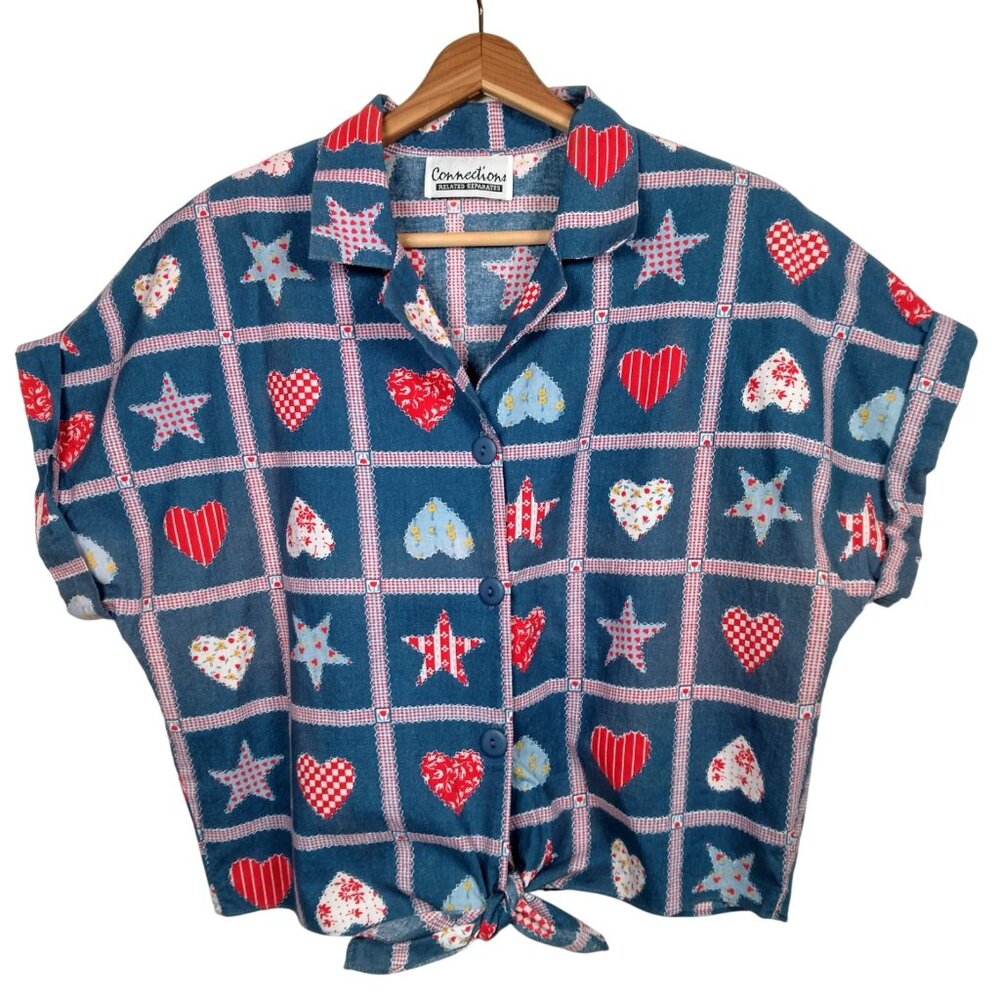 Vintage 1980s Blouse L Shirt  Blue Red Heart Star USA Patriotic Crop Connections